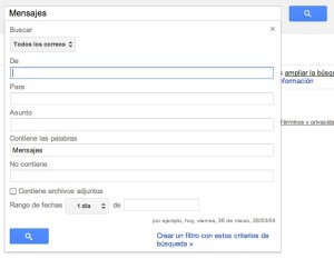 Gmail, Búsqueda Avanzada Captura del cuadro de búsqueda avanzada de Gmail