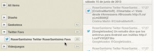 Captura de pantalla de mis favoritos de Twitter cargados en un agregador