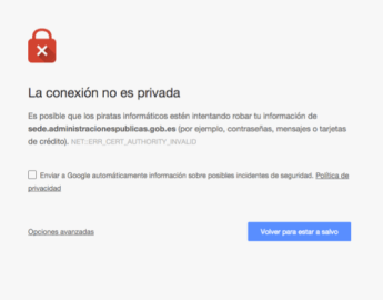 Captura de pantalla de una excepción de seguridad lanzada por Google Chrome