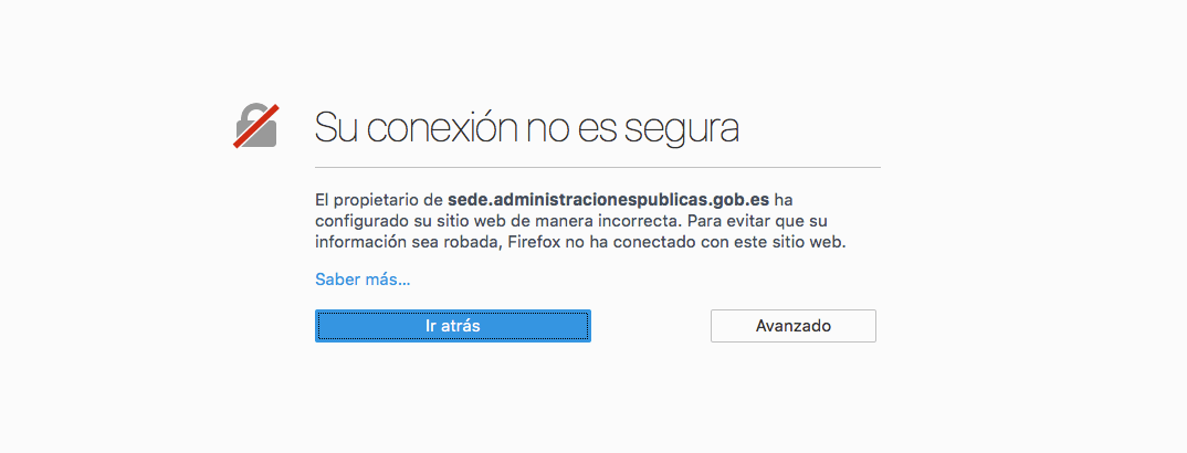 Captura de pantalla de una excepción de seguridad lanzada por Firefox