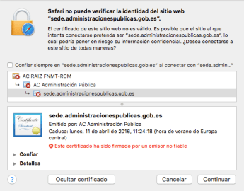 Captura de pantalla de una excepción de seguridad lanzada por Safari