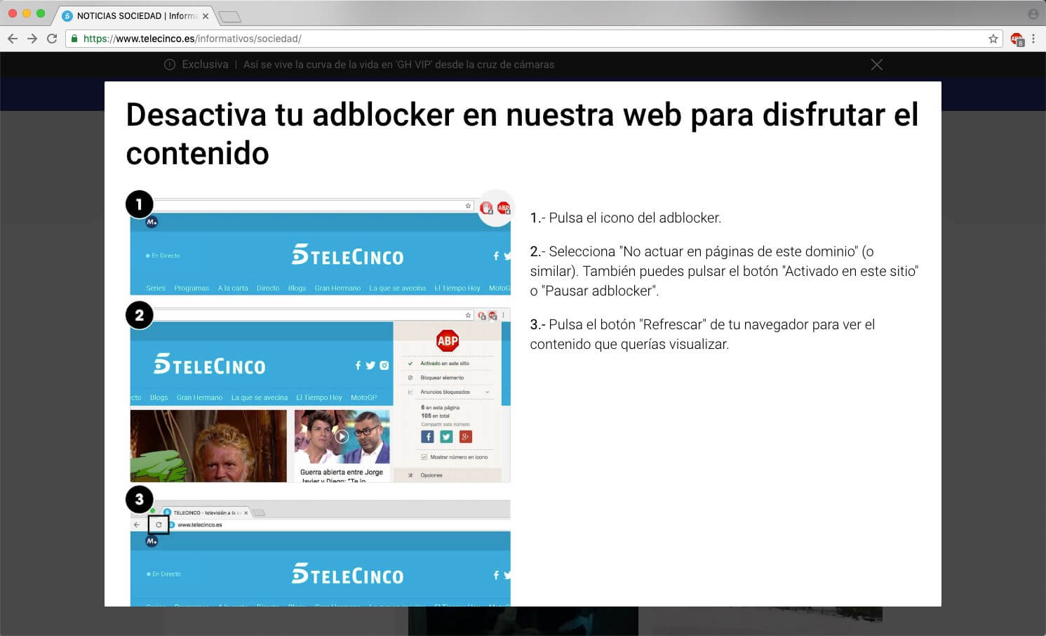 Imagen típica del bloque de contenido de la web de noticias de Tele5 cuando intentas acceder con un bloqueador de publicidad web activo